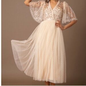 NEW BHLDN Needle & Thread  8 Wrap Midi Dress With Gold Embellisment In Champagne